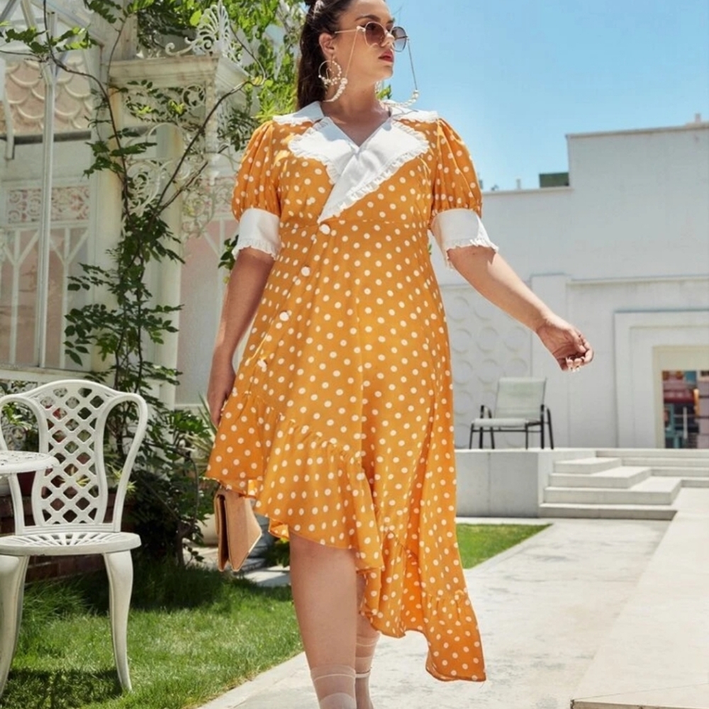 SHEIN 💜 Mulvari Polka Dot Statement Collar Asymmetric Dress Yellow Plus 20 / 4X